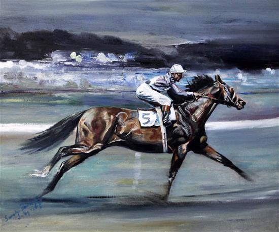 Sarah Ponsonby (1943-) Jockey and racehorse in motion, 20 x 24in.